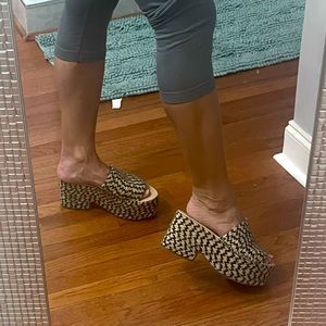 Platform Sandal Wedges Tribal Print Black and Beige